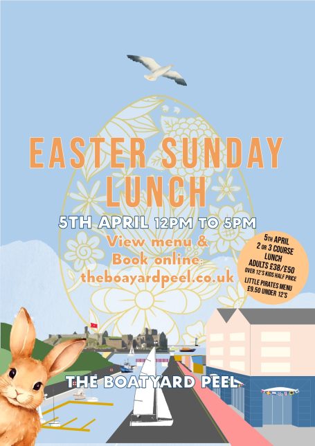 Easter Sunday Lunch Easter Sunday lunch promotion featuring a decorative egg design and a cute rabbit.