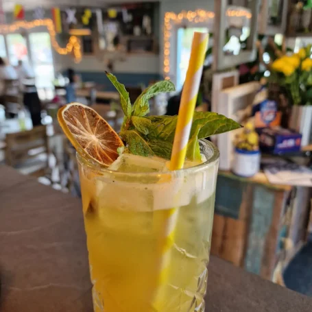 A refreshing cocktail with mint, a lime slice, and a straw in a tall glass.